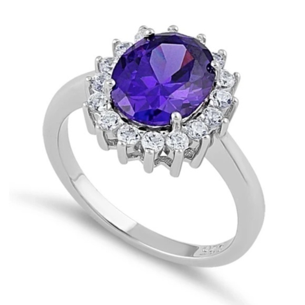 925 Sterling Silver Dark Purple Oval CZ Ring